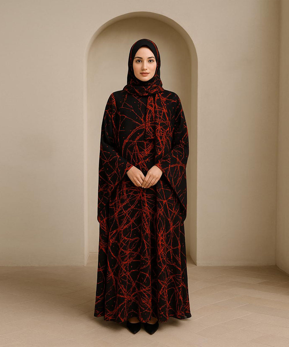 Double Layer Butterfly Style Abaya Black w Red Abstract Patterns