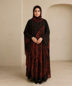 Double Layer Butterfly Style Abaya Black w Red Abstract Patterns