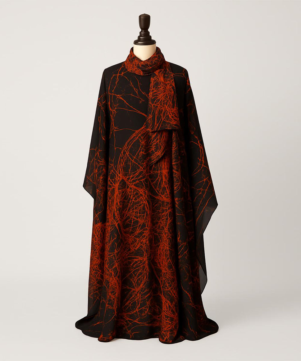 Double Layer Butterfly Style Abaya Black w Red Abstract Patterns
