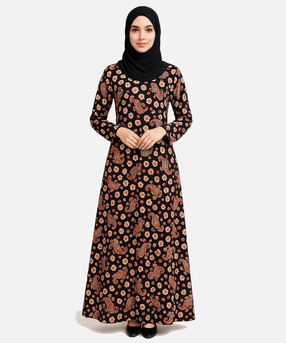Double Layer Crepe Abaya (V Shoulder Cut) Black Floral Prints.