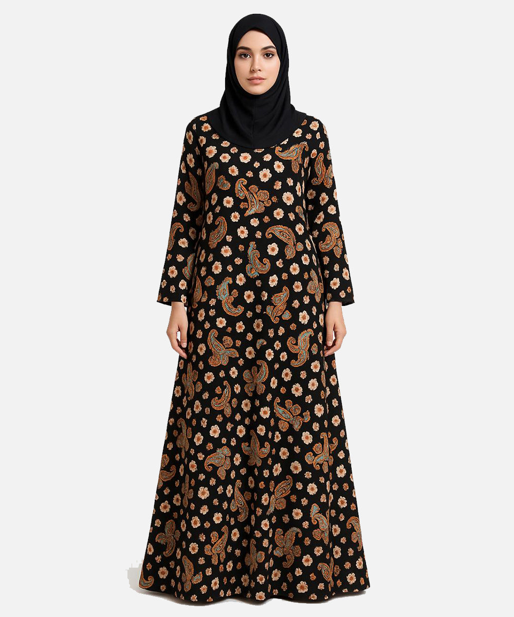 Double Layer Crepe Abaya (V Shoulder Cut) Black Floral Prints.