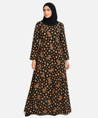 Double Layer Crepe Abaya (V Shoulder Cut) Black Floral Prints.