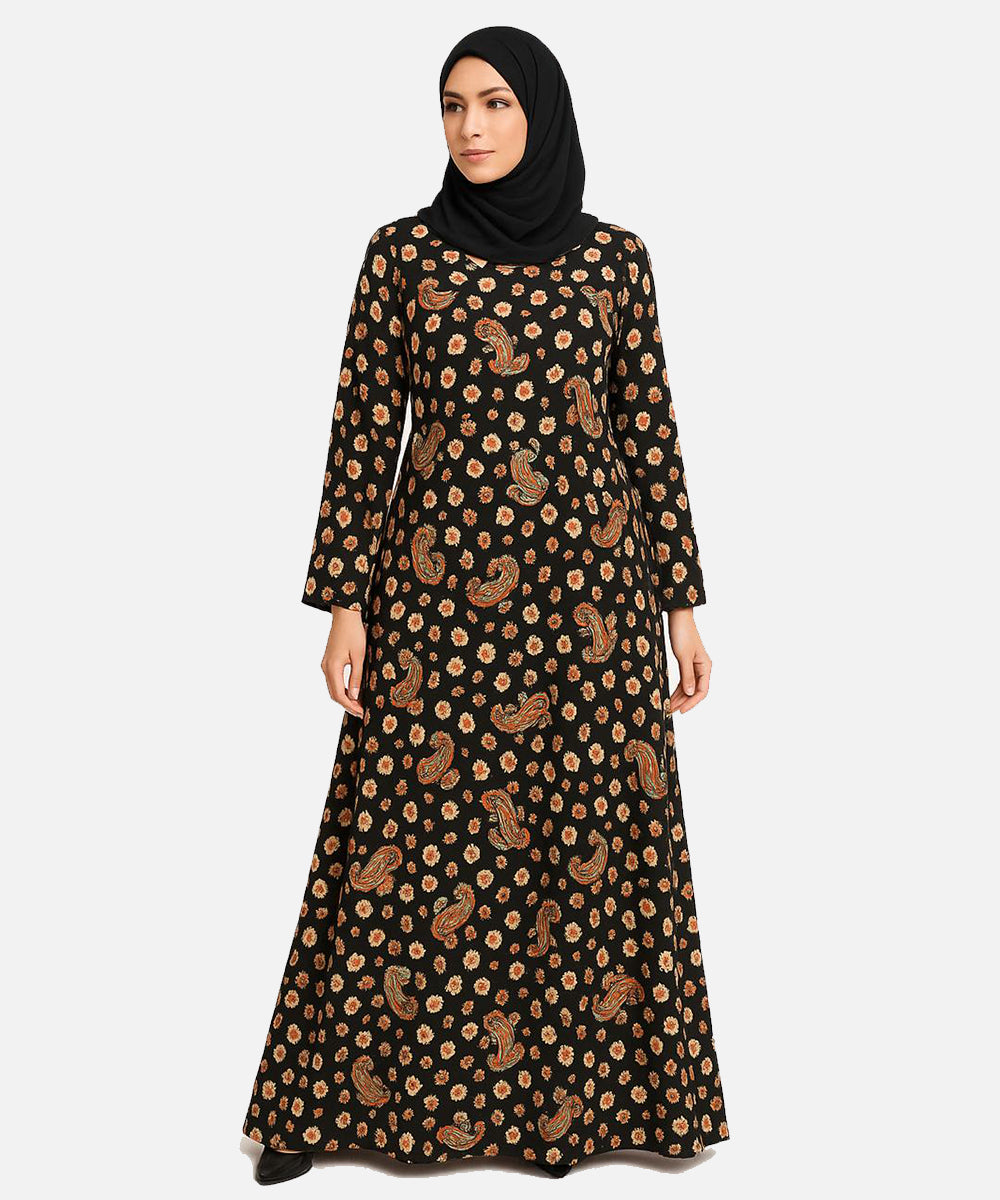 Double Layer Crepe Abaya (V Shoulder Cut) Black Floral Prints.