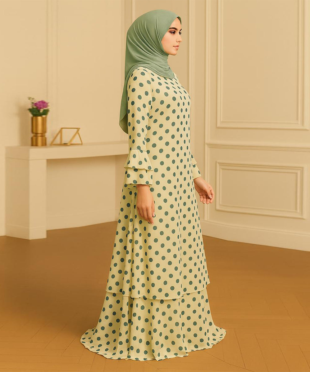 Double Layer Abaya Light Green with Bottle Green Polka Dots (With Hijab)