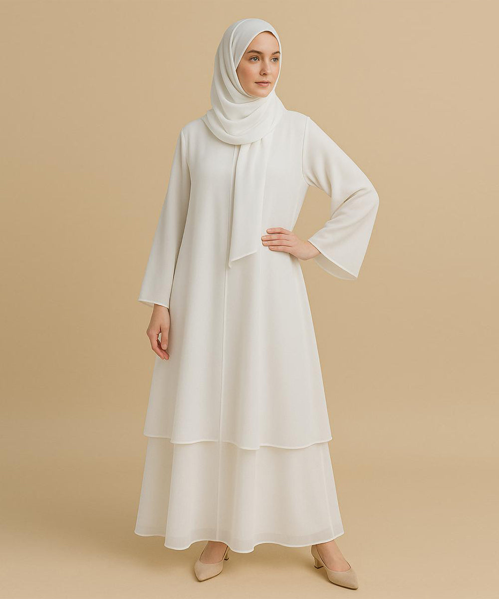 Double layer Abaya With Hijab Elegant Beige