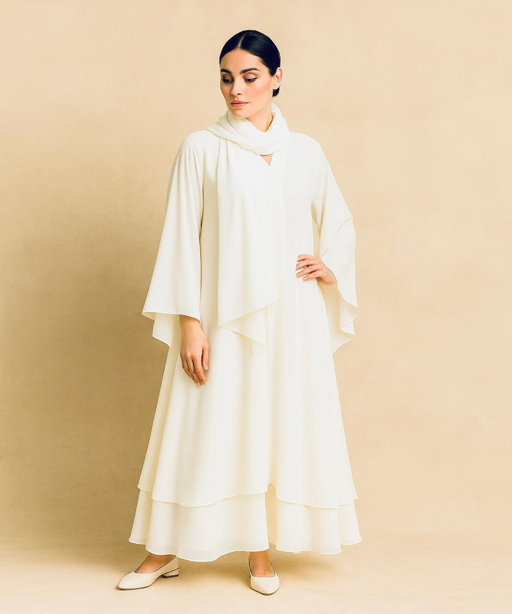 Double layer Abaya With Hijab Elegant Beige