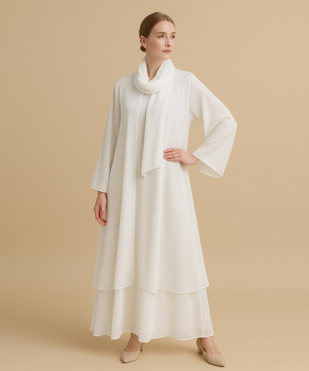 Double layer Abaya With Hijab Elegant Beige