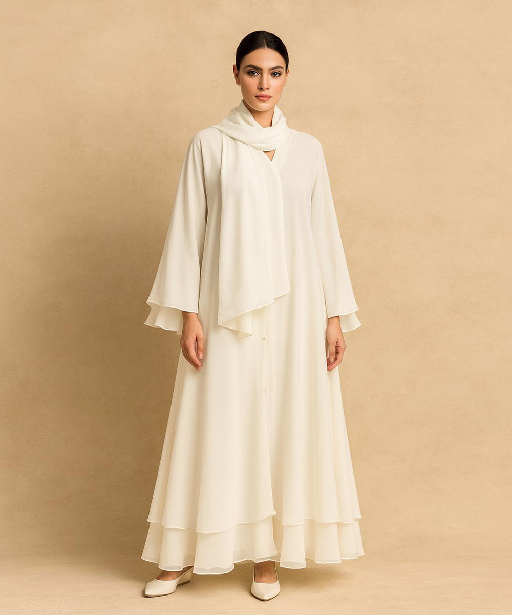Double layer Abaya With Hijab Elegant Beige