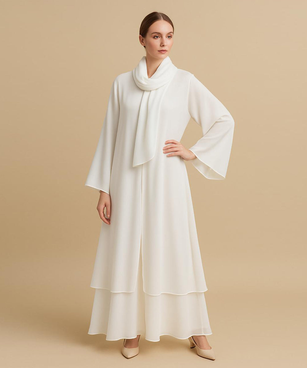 Double layer Abaya With Hijab Elegant Beige
