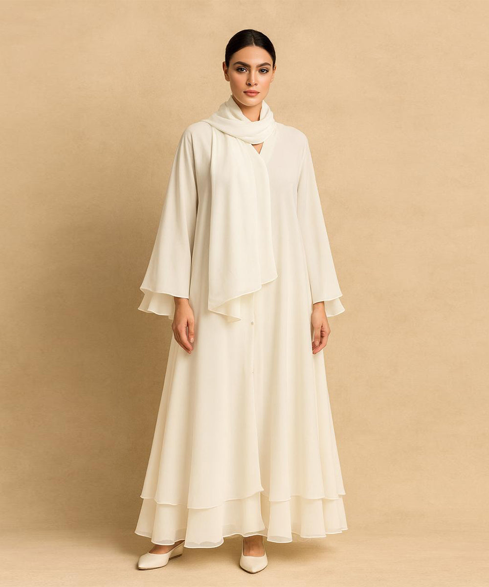 Double layer Abaya With Hijab Elegant Beige