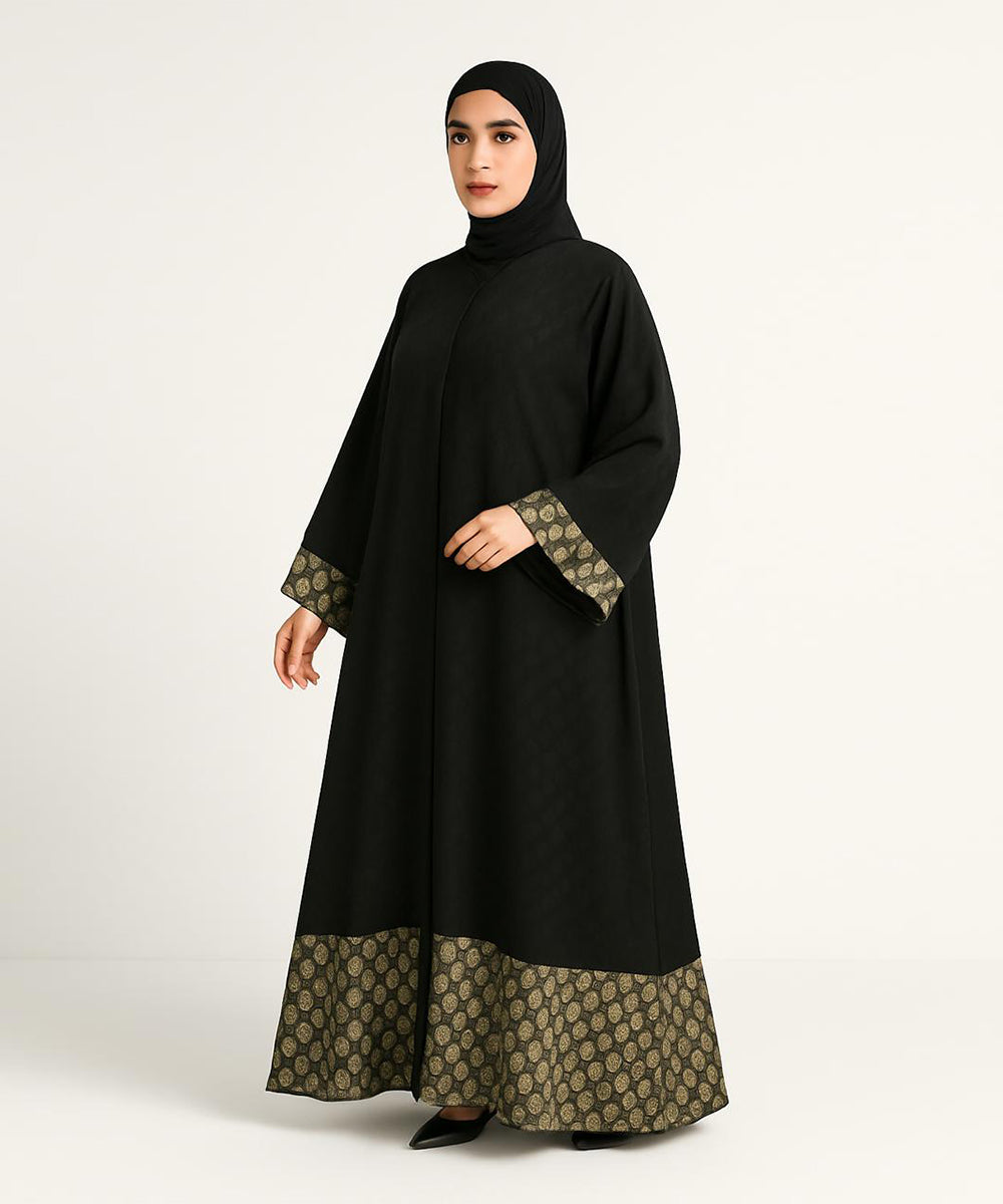 Double layer Abaya With Hijab Printed Black