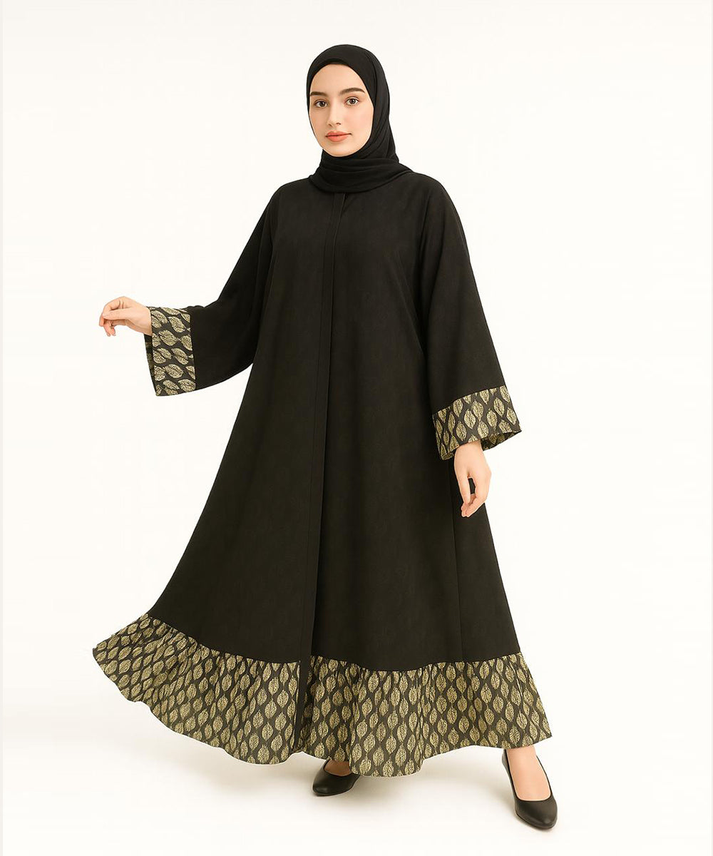 Double layer Abaya With Hijab Printed Black