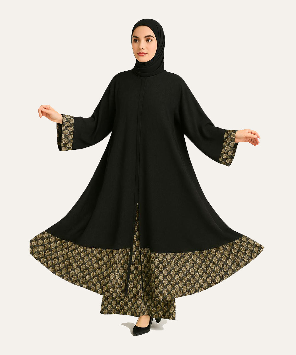 Double layer Abaya With Hijab Printed Black