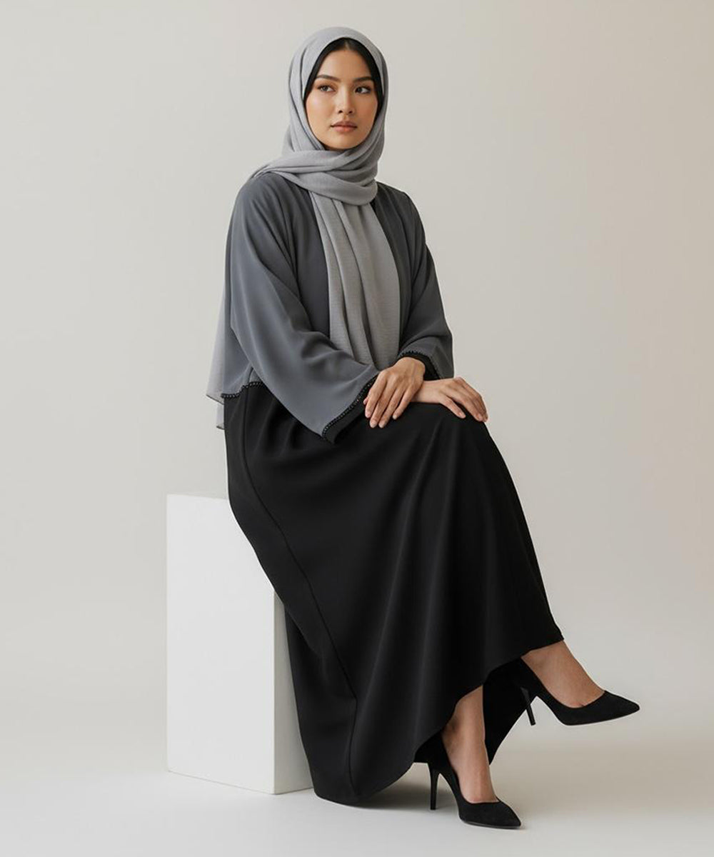 Dual-Tone Front Open Stretchable Abaya Charcoal Gray Upper & Deep Black Lower Layer