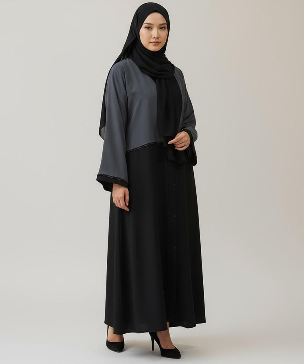 Dual-Tone Front Open Stretchable Abaya Charcoal Gray Upper & Deep Black Lower Layer