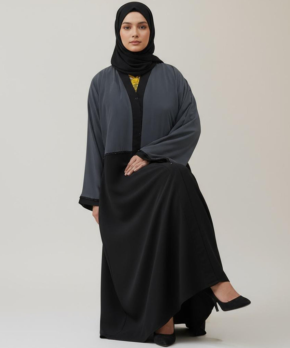 Dual-Tone Front Open Stretchable Abaya Charcoal Gray Upper & Deep Black Lower Layer