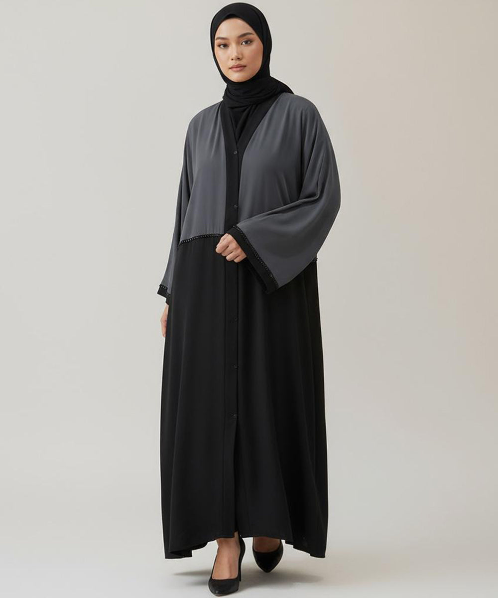 Dual-Tone Front Open Stretchable Abaya Charcoal Gray Upper & Deep Black Lower Layer