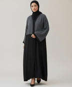 Dual-Tone Front Open Stretchable Abaya Charcoal Gray Upper & Deep Black Lower Layer