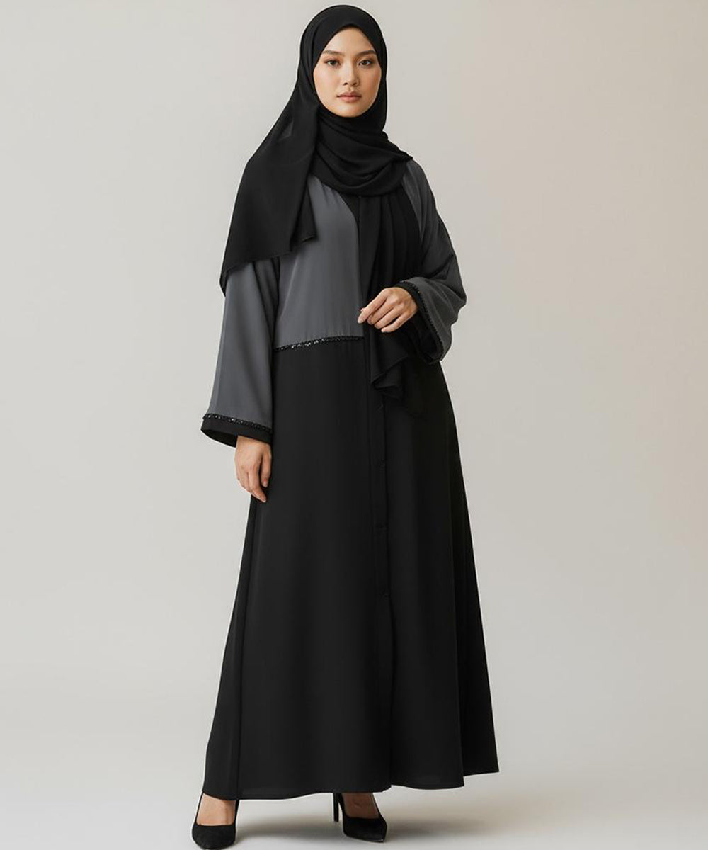 Dual-Tone Front Open Stretchable Abaya Charcoal Gray Upper & Deep Black Lower Layer