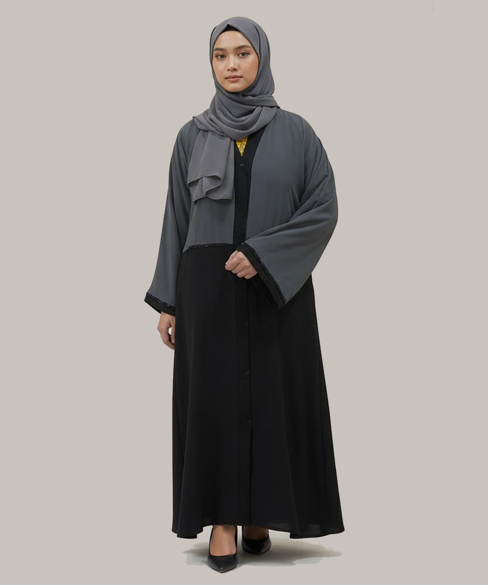Dual-Tone Front Open Stretchable Abaya Charcoal Gray Upper & Deep Black Lower Layer