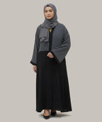 Dual-Tone Front Open Stretchable Abaya Charcoal Gray Upper & Deep Black Lower Layer