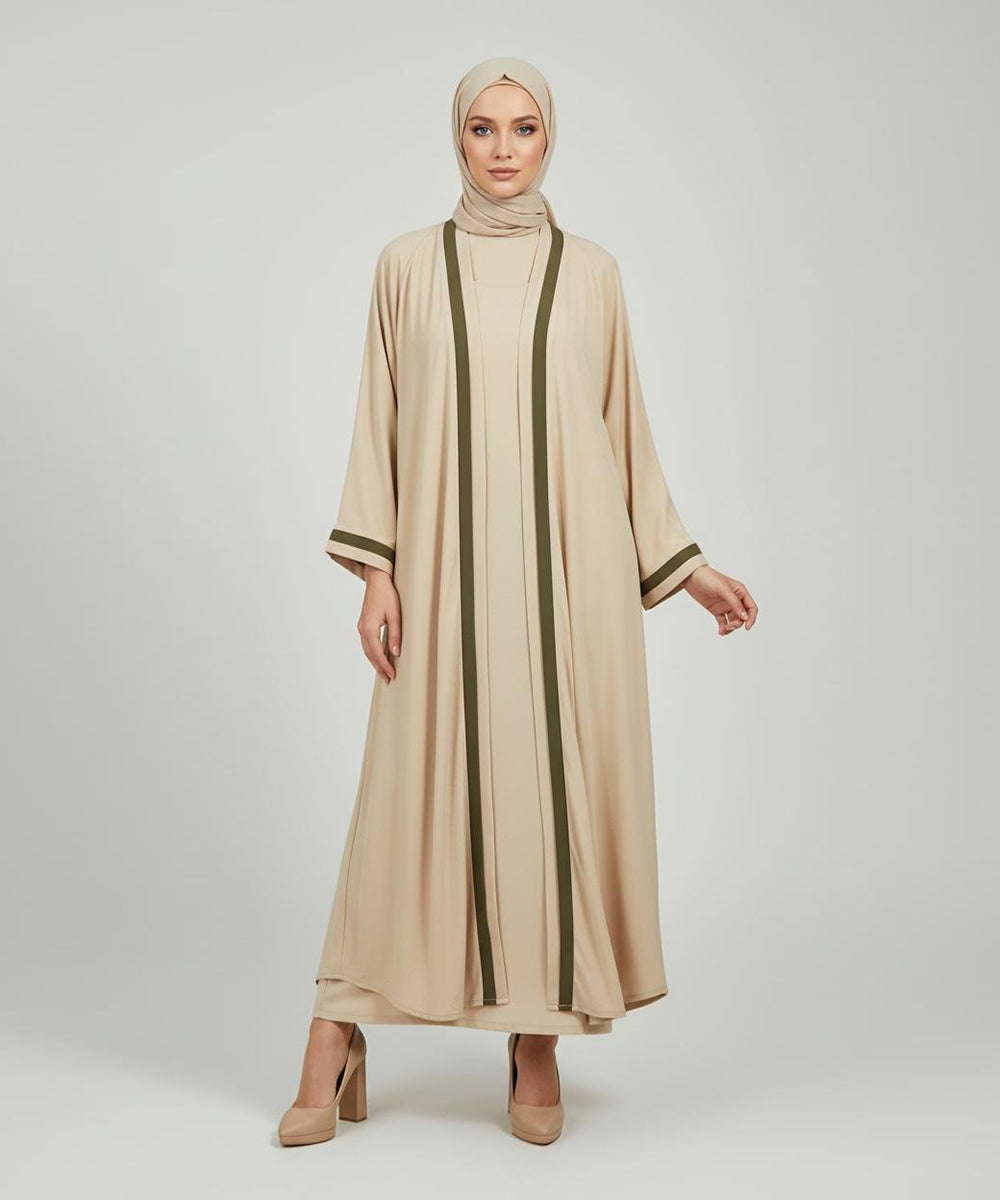 Elegant Beige Front Open Abaya with Minimalist Design With Hijab
