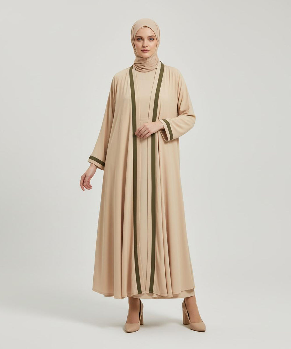 Elegant Beige Front Open Abaya with Minimalist Design With Hijab