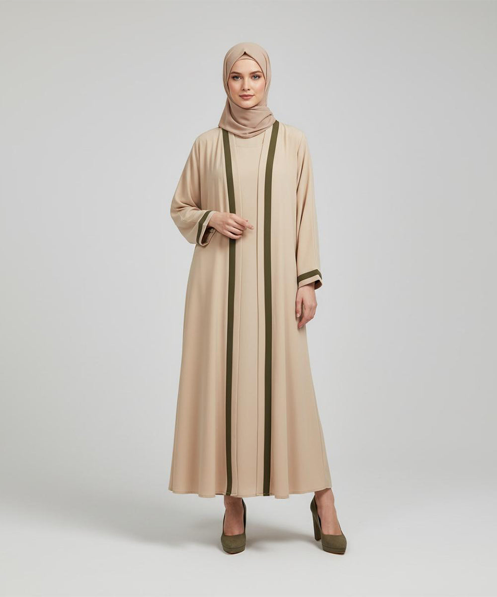 Elegant Beige Front Open Abaya with Minimalist Design With Hijab