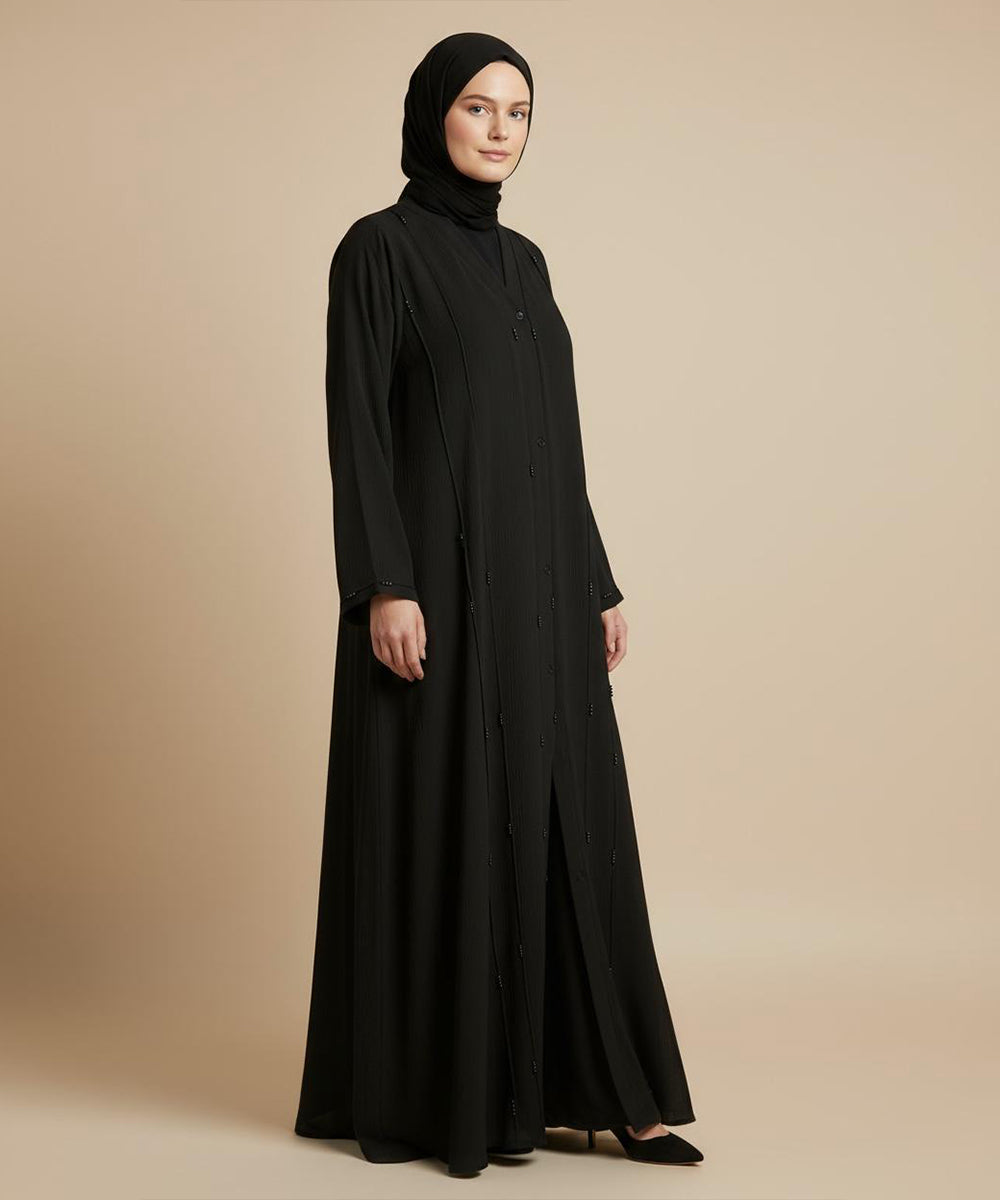Elegant Design Hand Made Embroidered Abaya Button-Down Closure With hijab Black