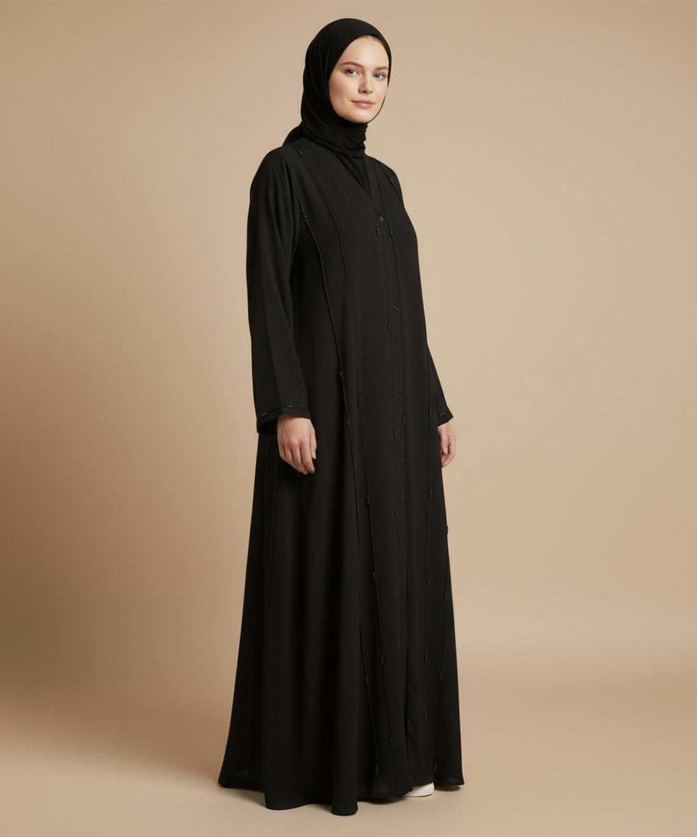 Elegant Design Hand Made Embroidered Abaya Button-Down Closure With hijab Black