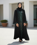 Elegant Front Open Abaya With Hijab Niqab Black w Green Floral Embroidery