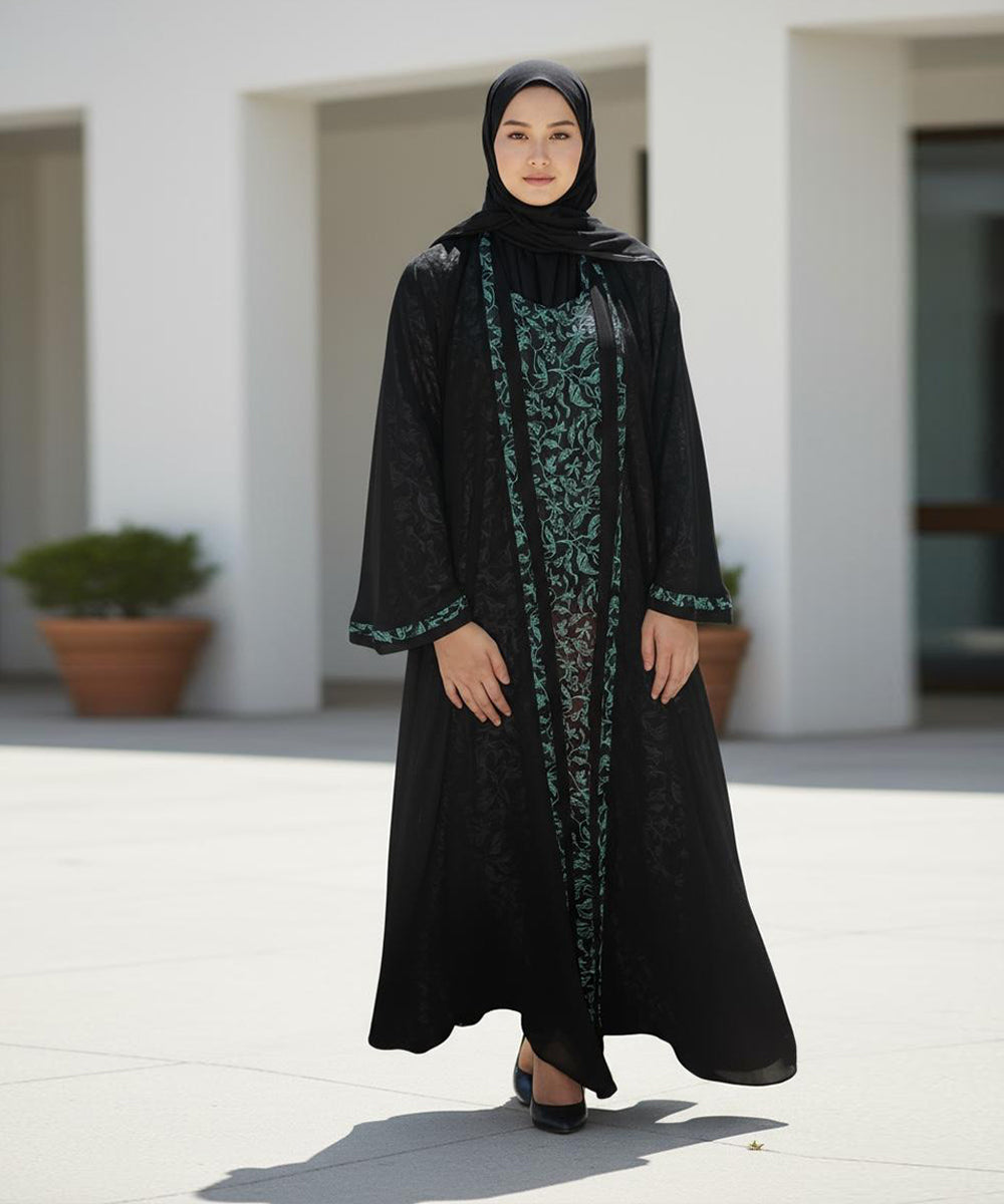 Elegant Front Open Abaya With Hijab Niqab Black w Green Floral Embroidery