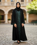 Elegant Front Open Abaya With Hijab Niqab Black w Green Floral Embroidery