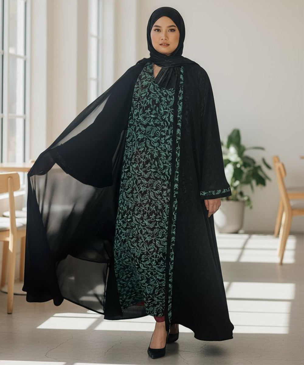 Elegant Front Open Abaya With Hijab Niqab Black w Green Floral Embroidery