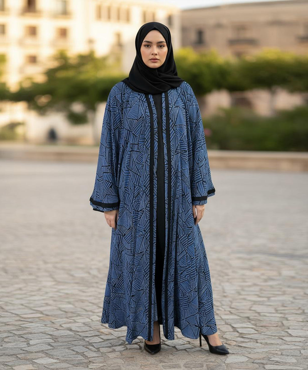Elegant Front Open Abaya With Stoller & Niqab Blue w Geometric Black Patterns
