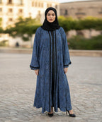 Elegant Front Open Abaya With Stoller & Niqab Blue w Geometric Black Patterns