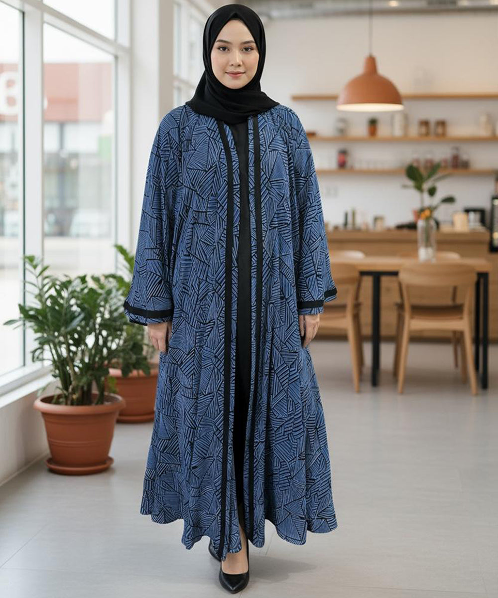 Elegant Front Open Abaya With Stoller & Niqab Blue w Geometric Black Patterns