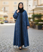 Elegant Front Open Abaya With Stoller & Niqab Blue w Geometric Black Patterns