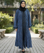 Elegant Front Open Abaya With Stoller & Niqab Blue w Geometric Black Patterns