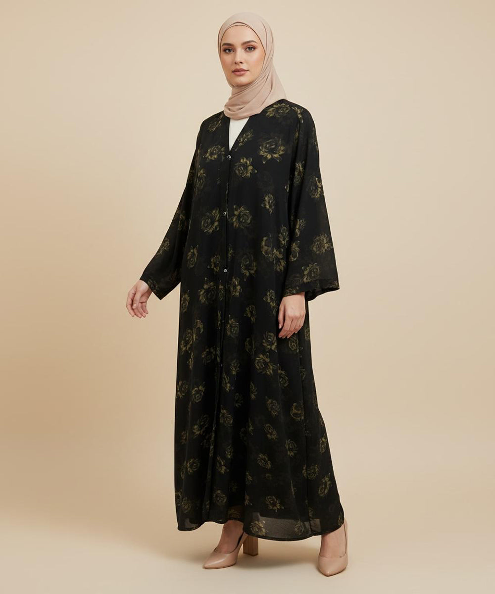 Elegant Front Open Abaya with Subtle Floral Print Black