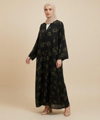 Elegant Front Open Abaya with Subtle Floral Print Black