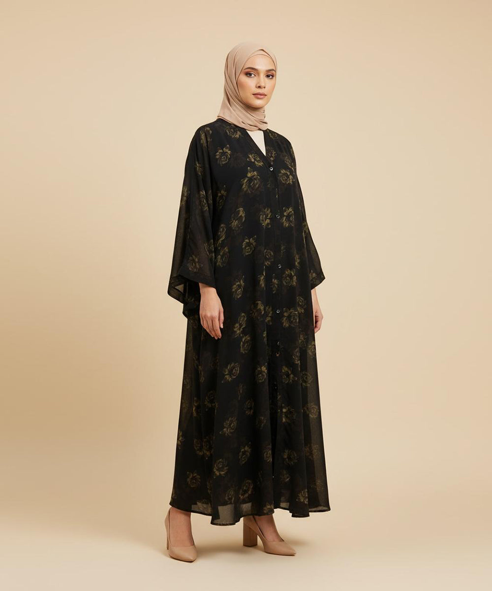 Elegant Front Open Abaya with Subtle Floral Print Black