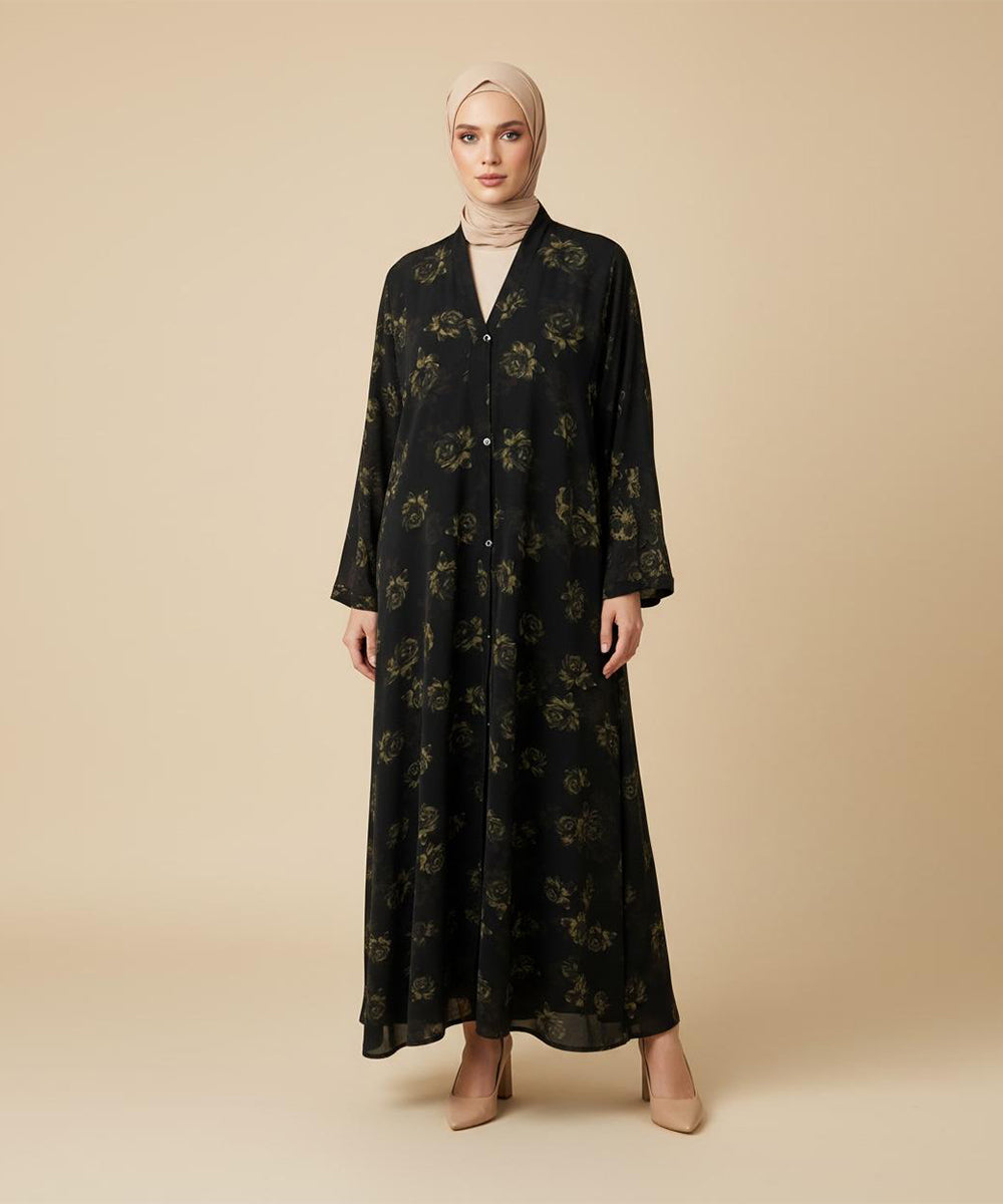 Elegant Front Open Abaya with Subtle Floral Print Black