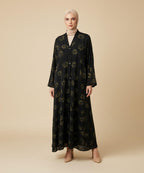 Elegant Front Open Abaya with Subtle Floral Print Black