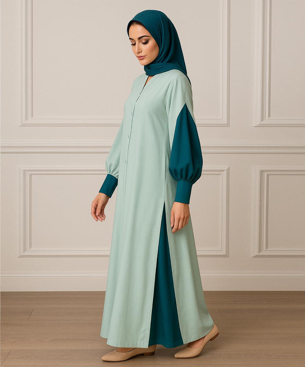 Elegant Double Tone Deep Teal Abaya With Hijab