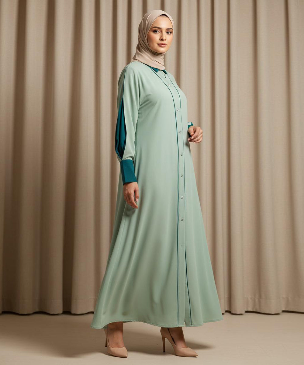 Elegant Double Tone Deep Teal Abaya With Hijab Green