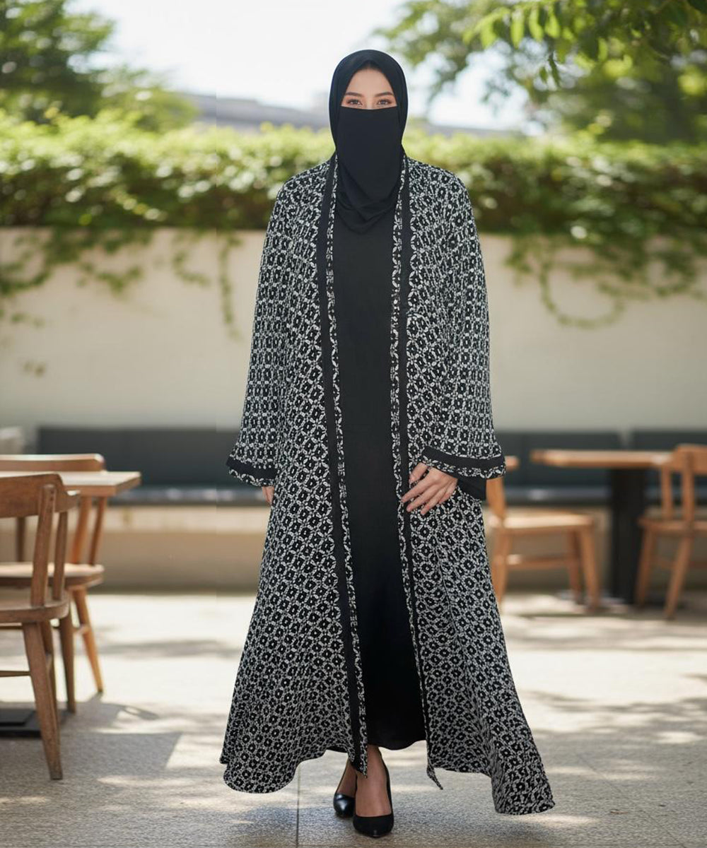 Elegant Long Open Abaya With Hijab & Niqab Black and White