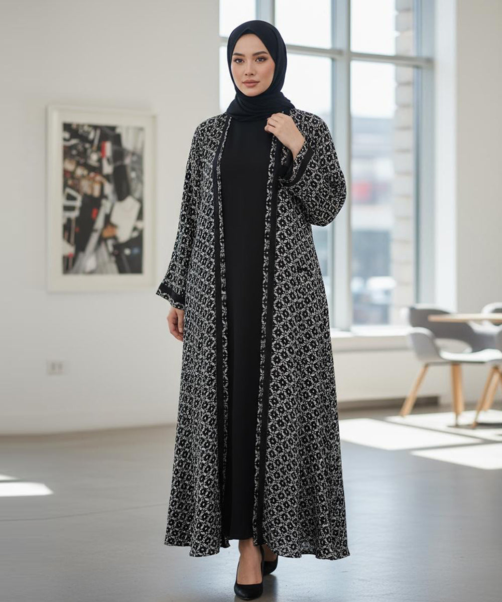 Elegant Long Open Abaya With Hijab & Niqab Black and White