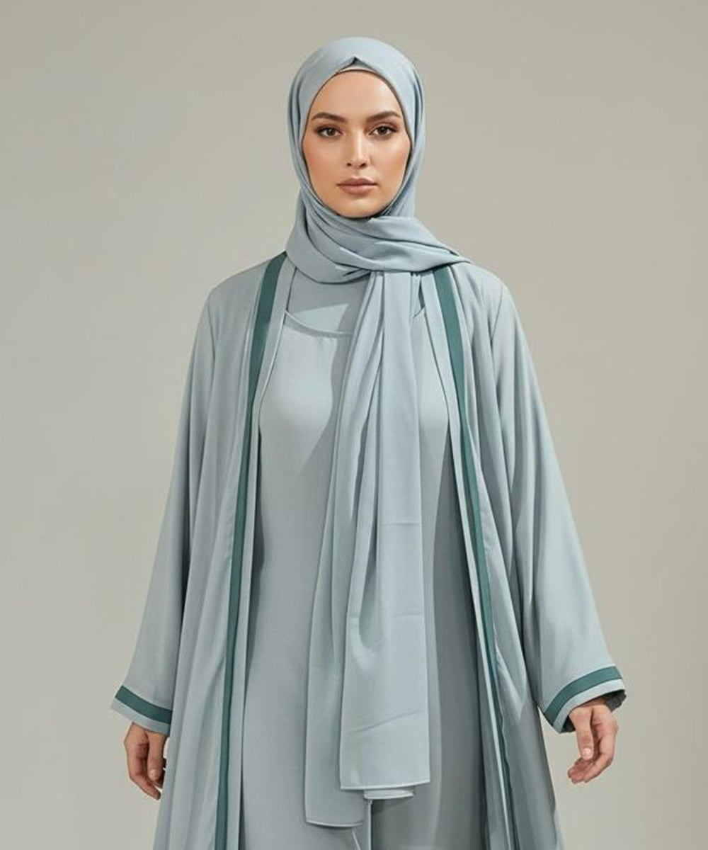 Elegant Powder Blue Soft Flowing Drape Abaya With Hijab