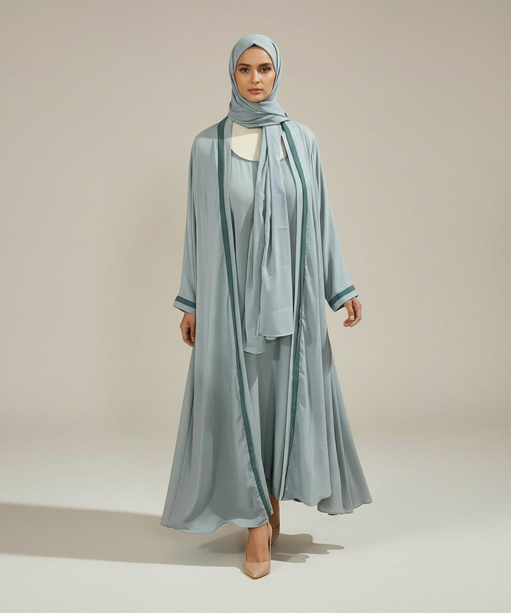 Elegant Powder Blue Soft Flowing Drape Abaya With Hijab